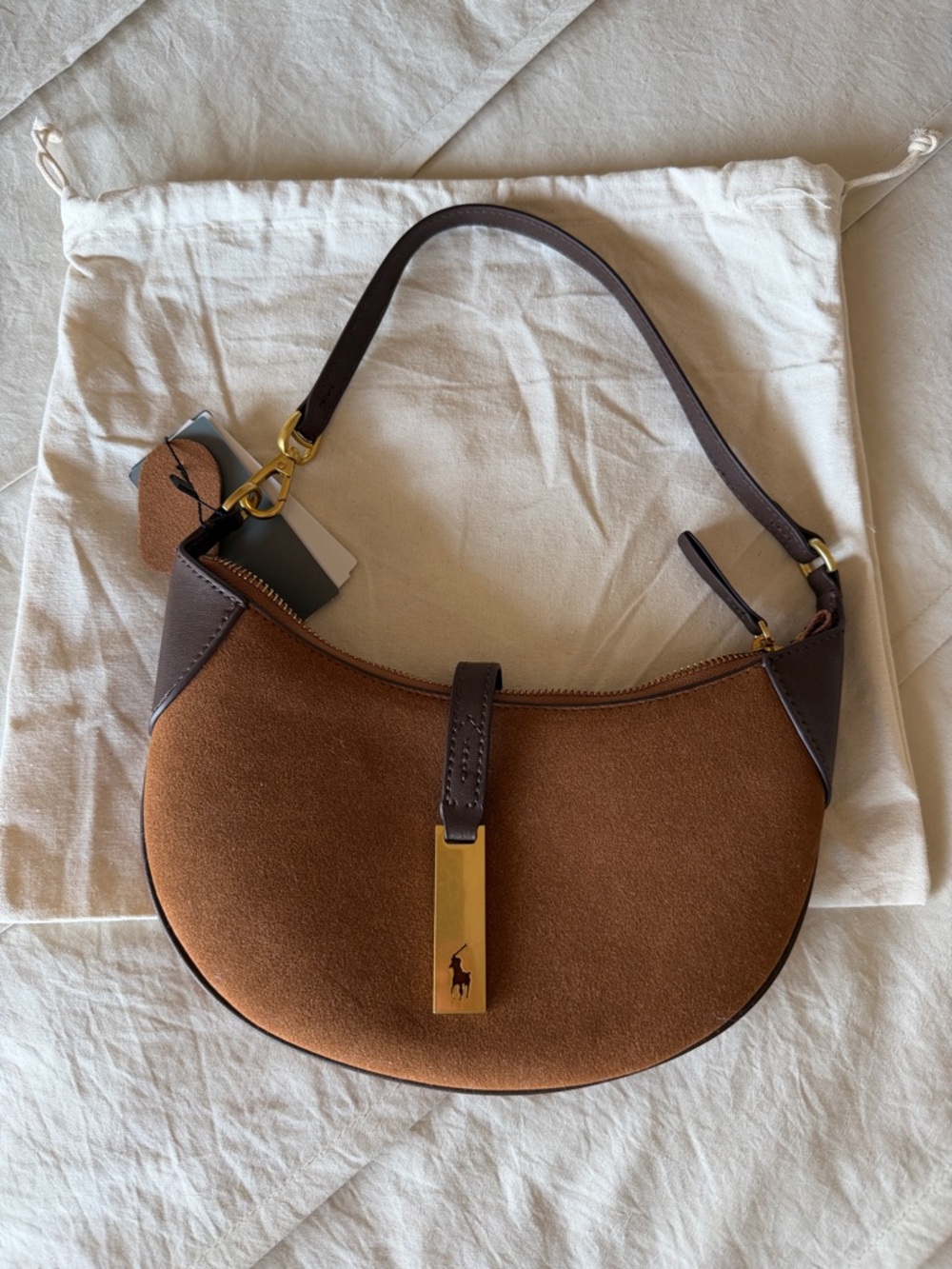 Alternative suede Chestnut Crescent Shoulder Bag with Dark Brown Trim